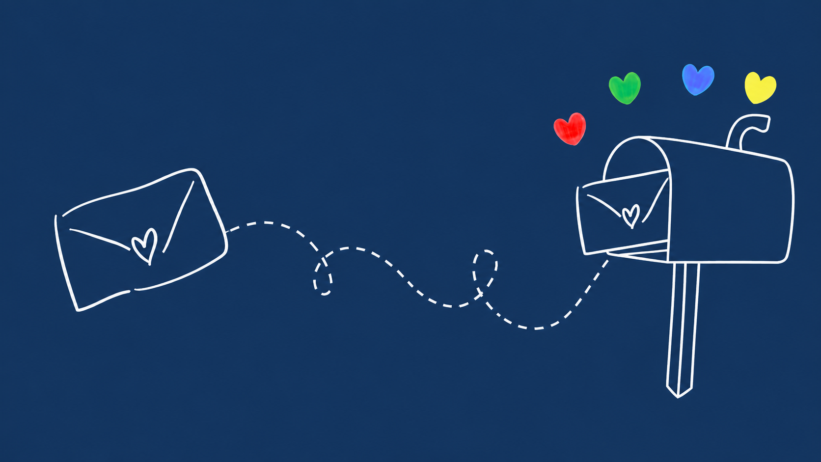 Illustrated envelope and mailbox with colorful hearts - Positive Postings happy mail subscription